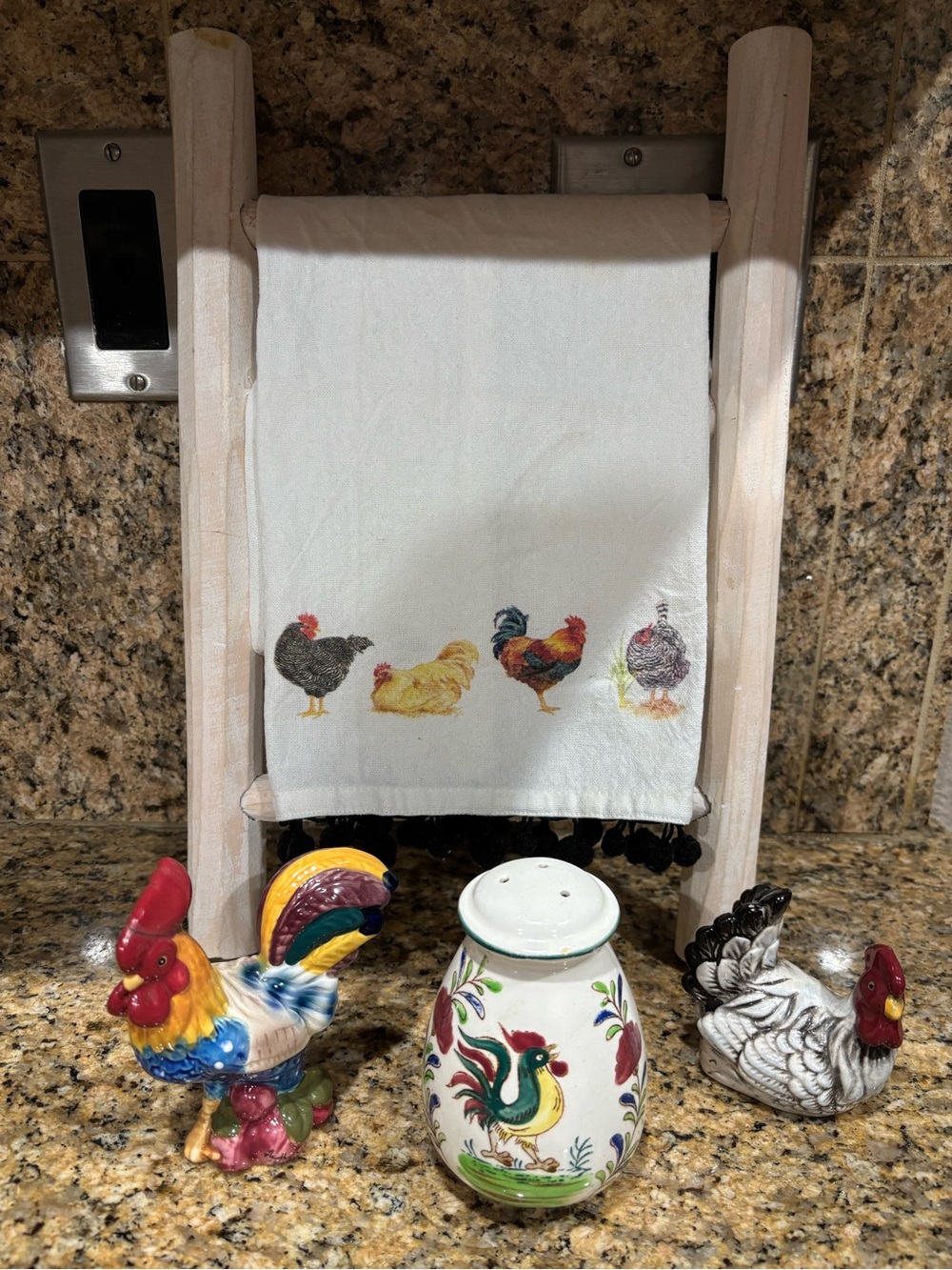 Set- Decorative Chicken Vintage Kitchen Towel with ladder and chicken figurines